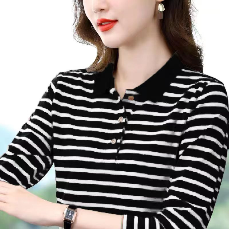 条纹长袖t恤女打底衫POLO领