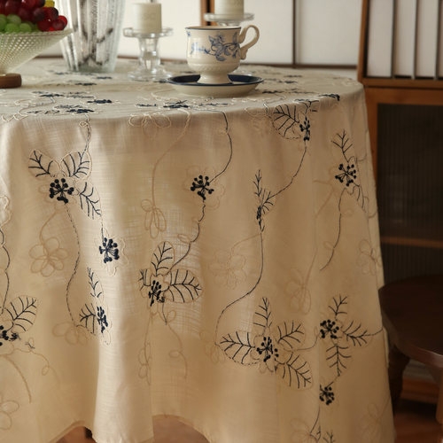 轻奢棉麻肌理感刺绣桌布