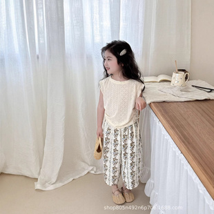 上衣女宝碎花阔腿裤 儿童洋气透气网眼时尚 休闲中小童 套装 女童夏季