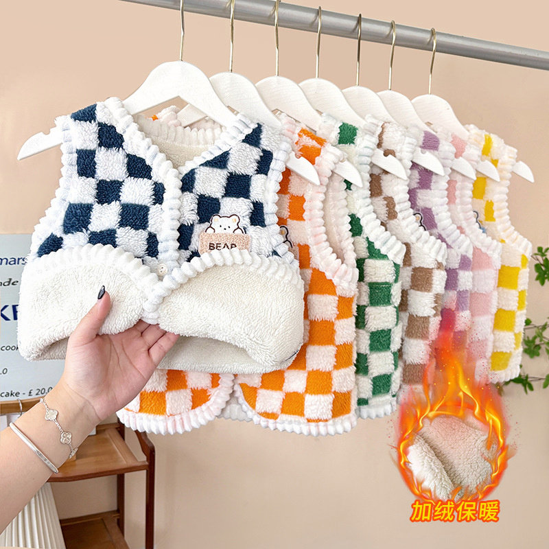 儿童加绒加厚马甲叠穿无袖开衫保暖背心男童女童秋冬季双面绒坎肩