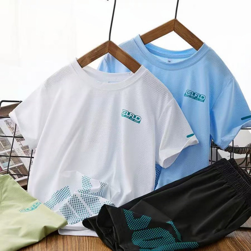 儿童短袖套装跑步运动服男女童夏装薄款套头衫童装两件套中小童