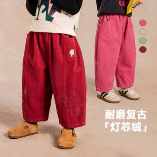 2026年春季新款阿米拉童装女童简约灯芯绒休闲裤宝宝卡通阔腿裤子