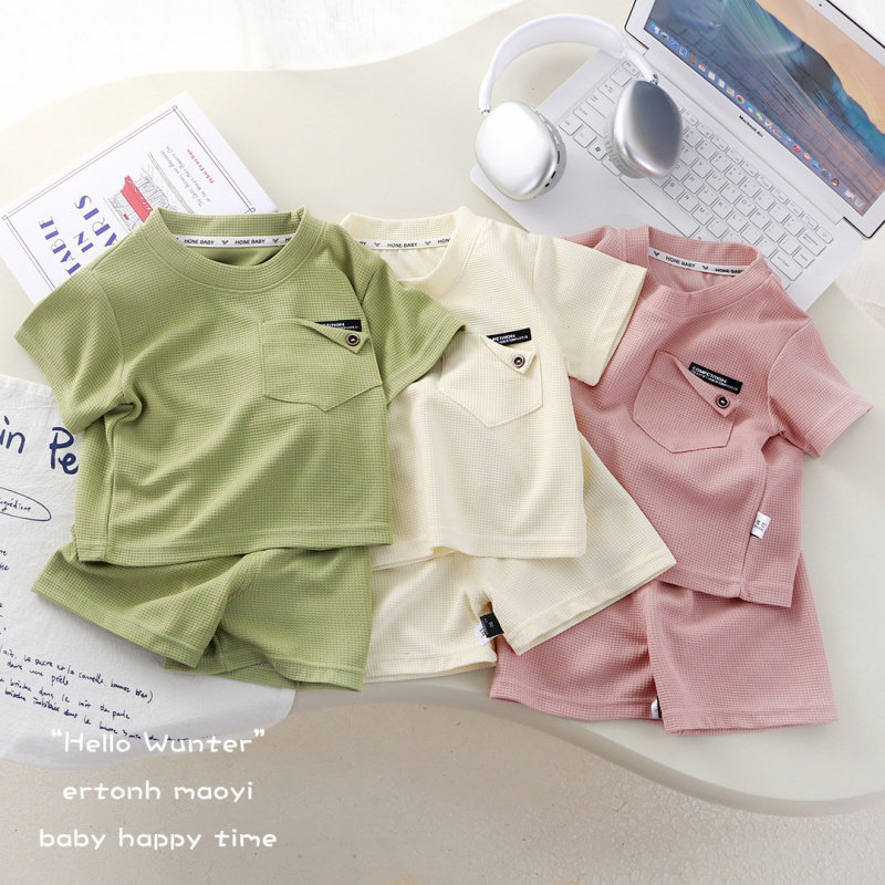 新款儿童华夫格短袖套装夏季男女童休闲洋气运动装清新薄款两件套