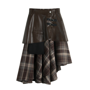 a字皮裙半身裙女秋2025新款小个子美式复古不规则两件套中长裙子