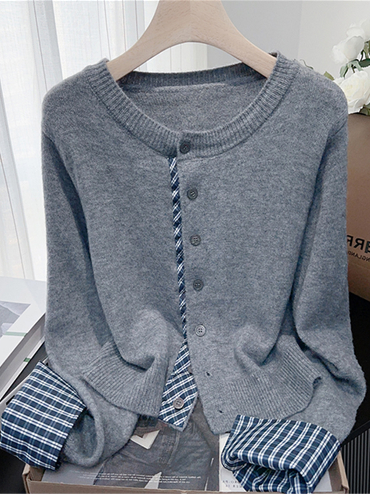 长袖针织衫女2025新款秋季高级感小个子假两件毛衣开衫外套上衣女