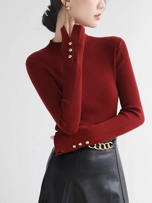 半高领打底衫女2025新款秋季内搭可外穿修身喇叭袖毛衣针织衫上衣