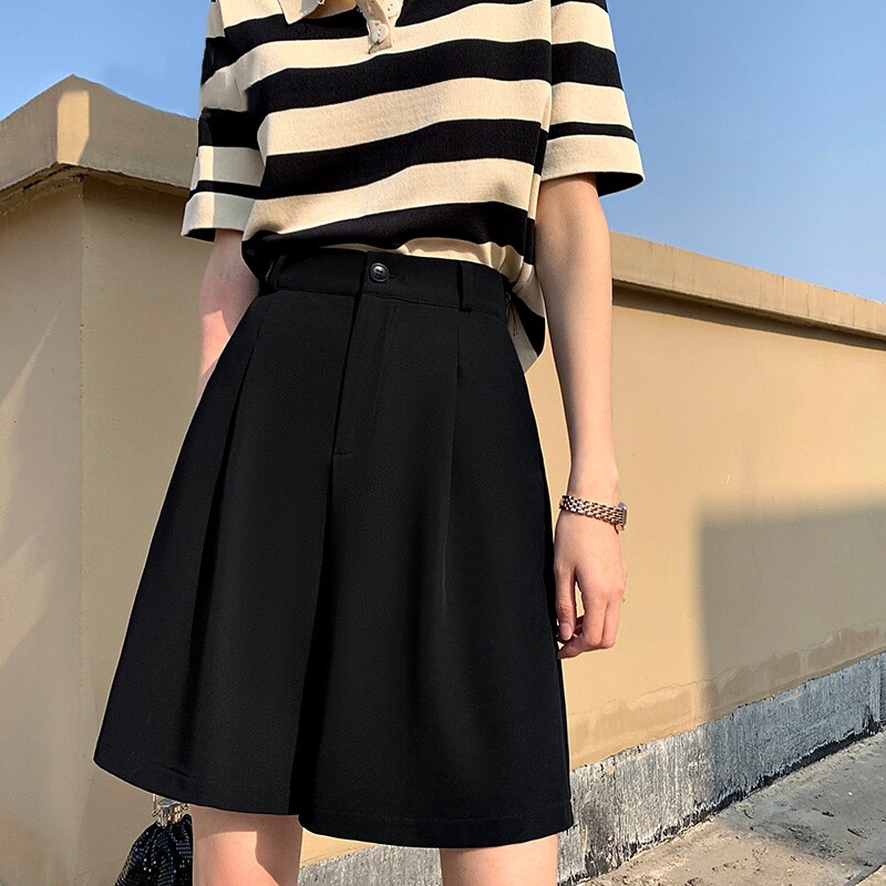 黑色短裤女夏季薄款2025新款a字高腰显瘦宽松阔腿休闲西装五分裤
