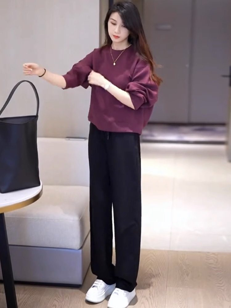 春季和秋季运动套装2025新款休闲时尚时尚修身运动衫阔腿裤两件套