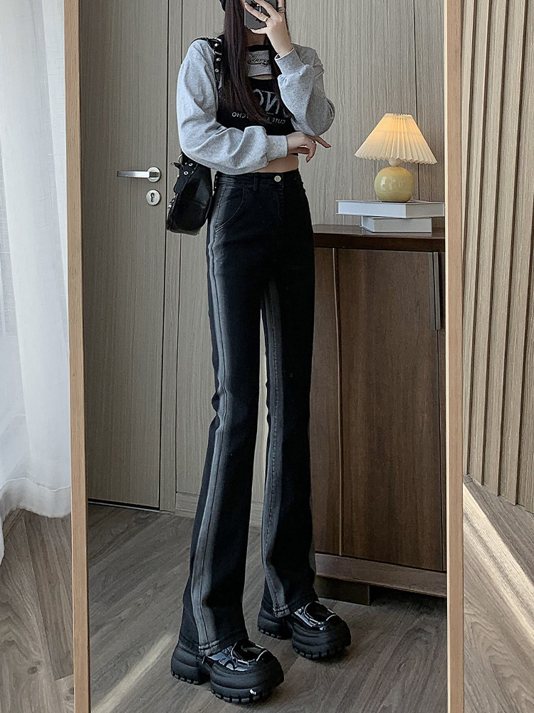 加绒微喇牛仔裤女2025年新款秋冬高腰显瘦大码冬季加厚黑色喇叭裤