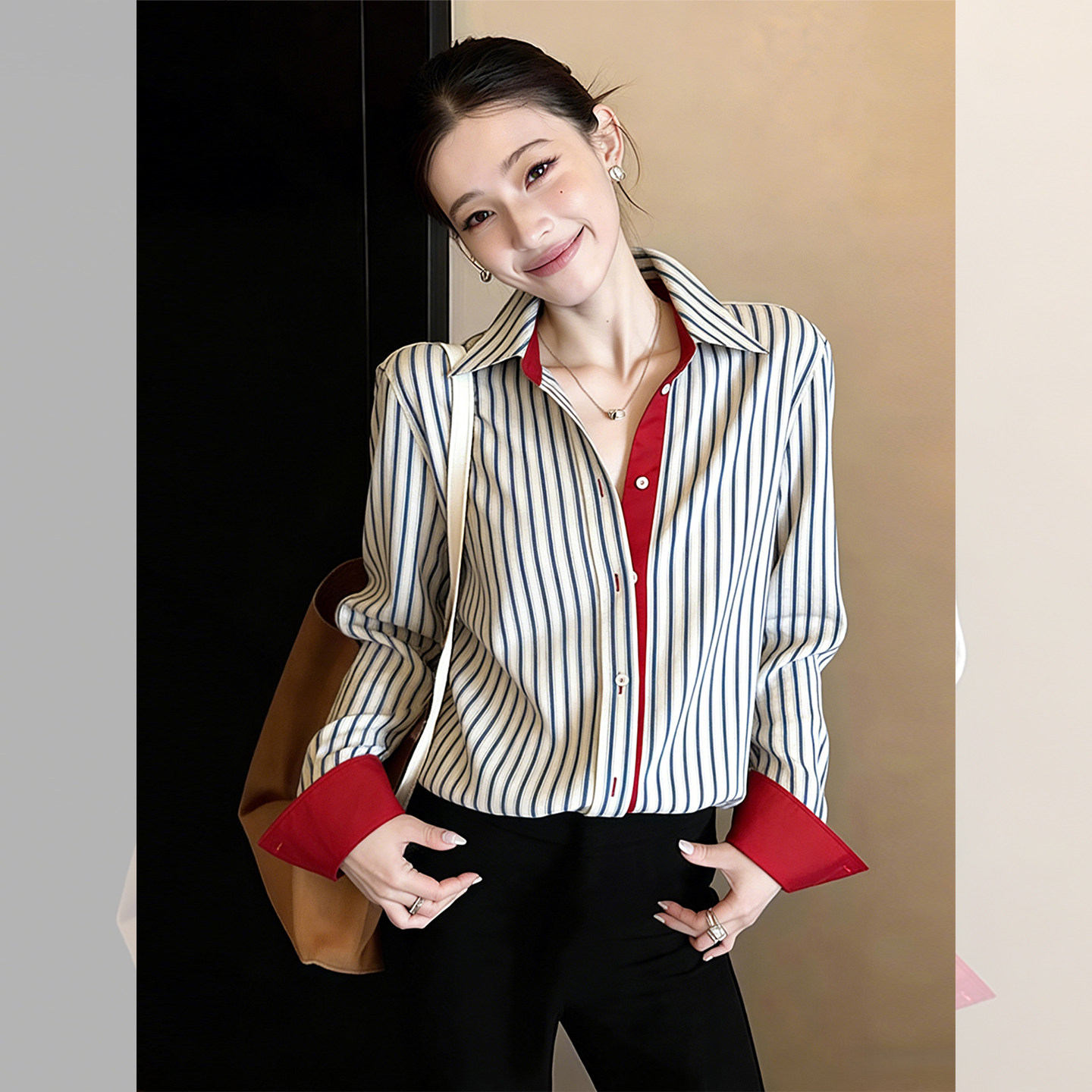 条纹衬衫女2026新款春季高级感轻奢减龄洋气撞色polo领衬衣上衣女