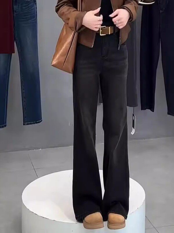 黑灰色微喇牛仔裤女2025新款秋季小个子高腰胖mm大码马蹄喇叭裤子