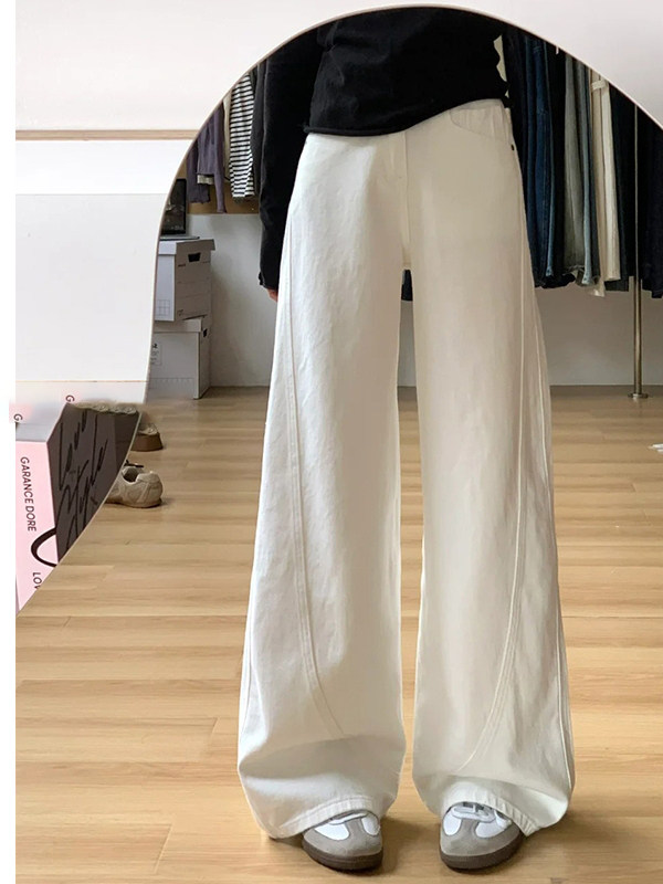 白色阔腿牛仔裤女2025新款秋季小个子高腰宽松窄版弯刀拖地长裤子