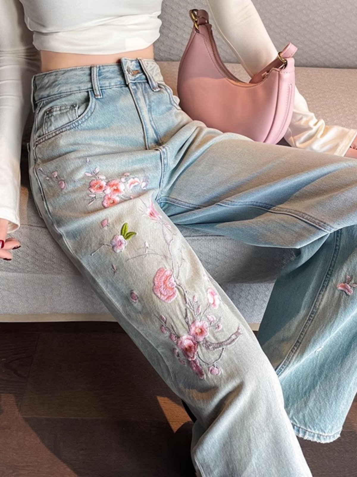 阔腿牛仔裤女春秋2025年新款高腰垂感国风刺绣加长宽松直筒裤子女