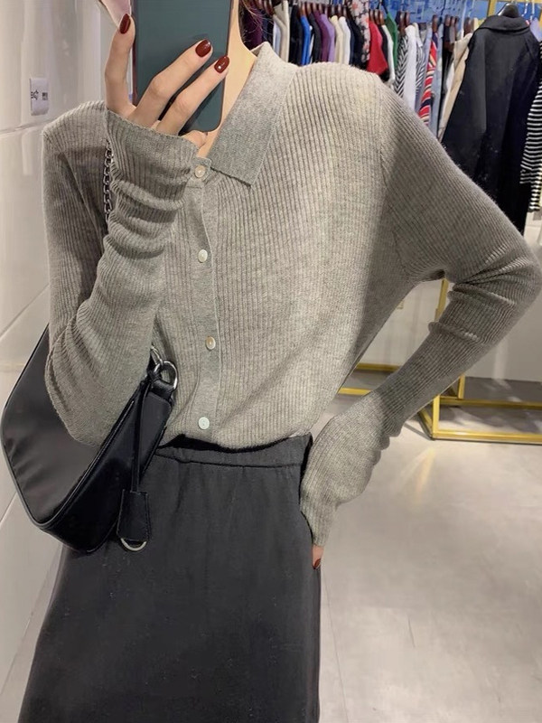 灰色开衫针织衫女2025新款秋冬季高级感polo领毛衣打底衫长袖上衣
