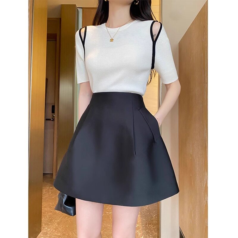 黑色半身裙女夏季薄款2025新款a字高腰气质搭配短款花苞短裙子女