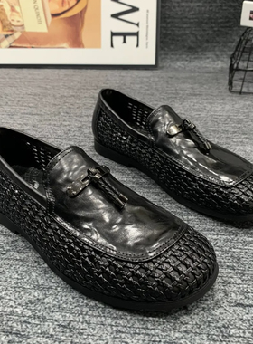 D2588男士一脚蹬低帮高软弹商务休闲时尚百搭真皮编织男休闲鞋