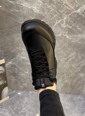 1256-998休闲软皮户外新款高帮侧系带男士黑色鞋韩版休闲男皮鞋