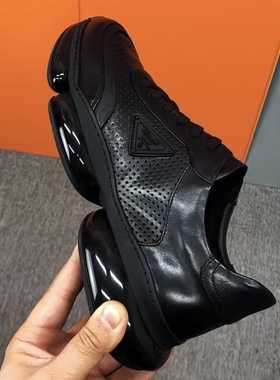 广州休闲胎牛皮打孔新款低帮系带男士黑色真气垫休闲男皮鞋运动鞋