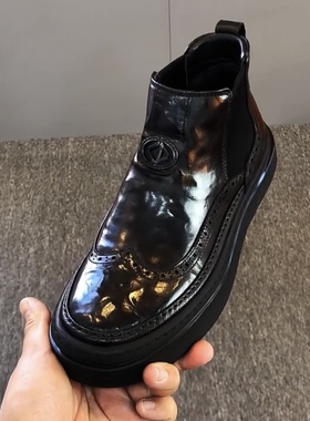 236-10头层牛皮休闲板鞋新款高帮男士黑色鞋透气休闲男皮鞋男