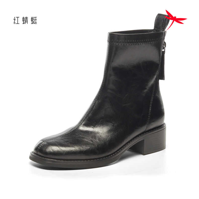红蜻蜓冬女士短筒靴子切尔西粗跟
