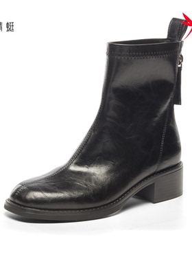 红蜻蜓冬女士短筒靴子切尔西CD67091011T粗跟CD67091012H加绒简约