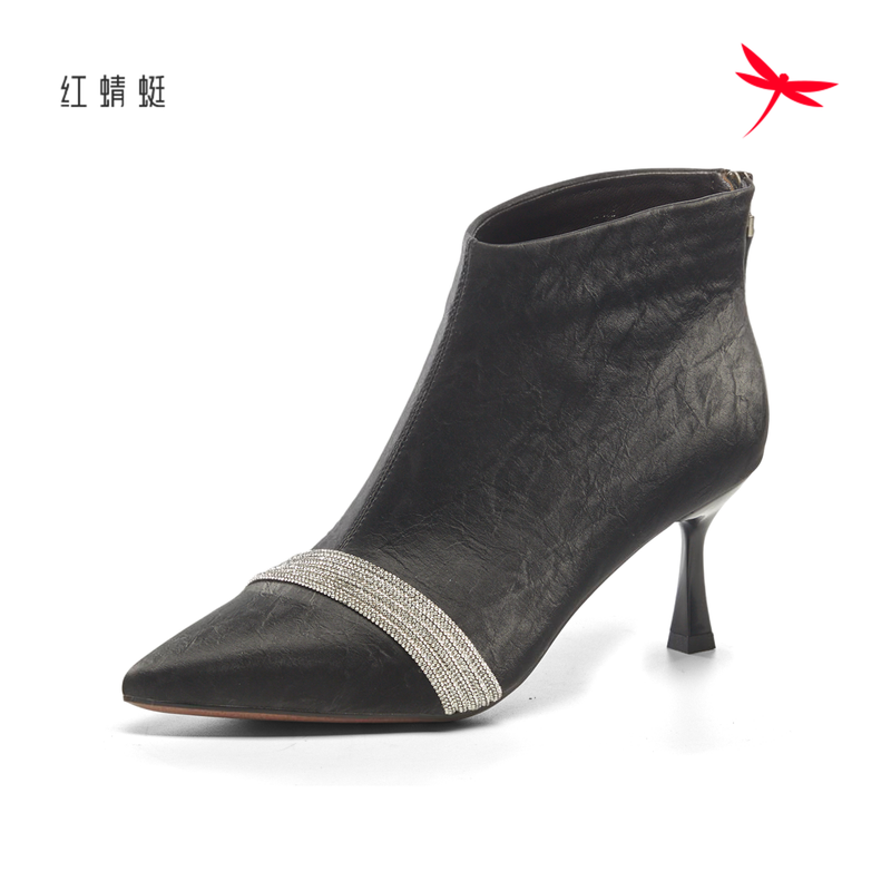 红蜻蜓冬时装靴女靴尖头短靴高跟