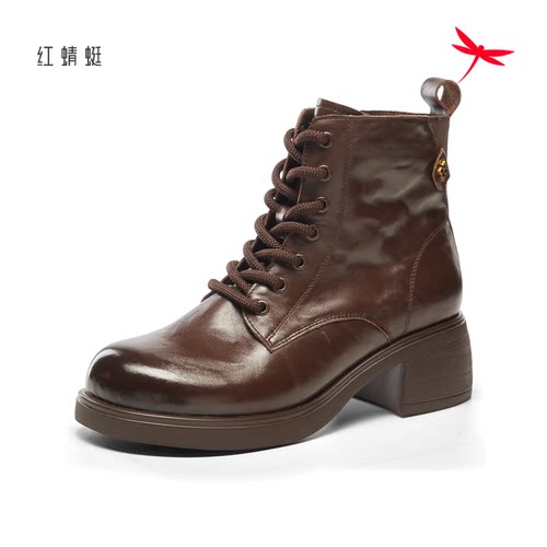 红蜻蜓冬季女马丁短筒皮靴子方跟