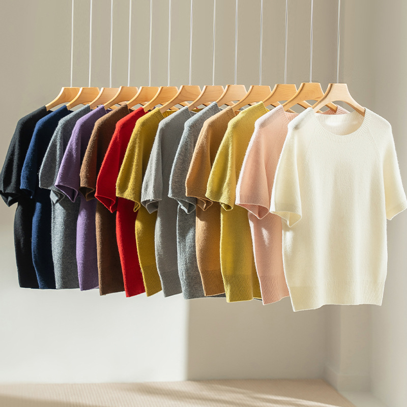 2025年早秋新款无缝圆领插肩短袖澳洲美丽诺全羊毛针织衫短袖上衣