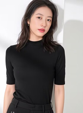 半熟男女韩苏周雨彤明星同款黑色半高领短袖t恤女夏季正肩上衣服