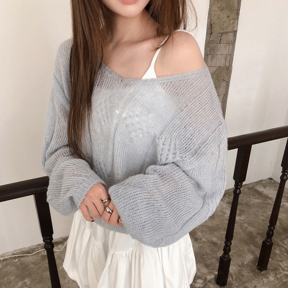 原创韩版麻花针织衫v领露肩毛衣微透套头防晒罩衫长袖纯色上衣女