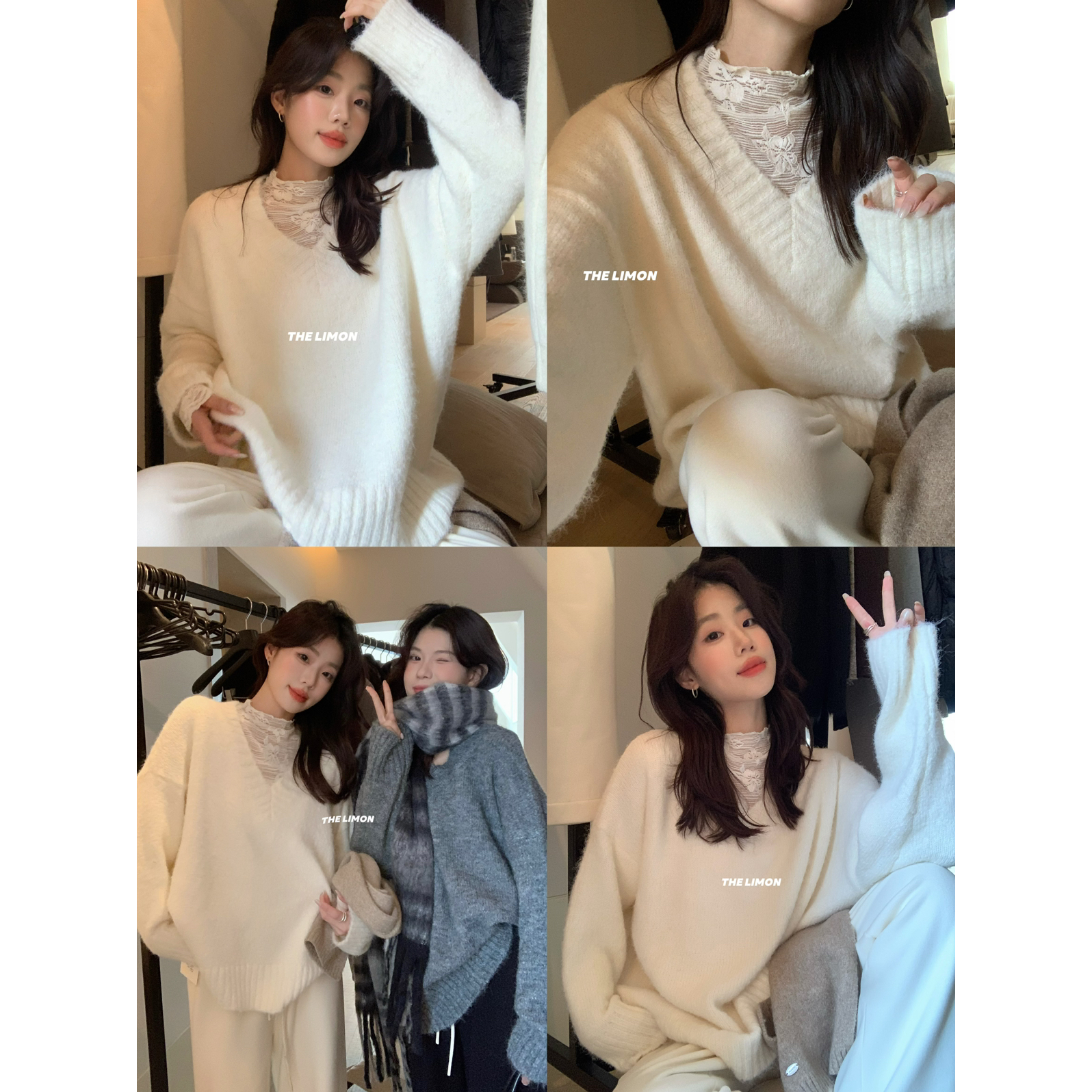 柠檬绿茶-奶fufu宽松慵懒百搭V领保暖毛衣（含8羊毛）KK-217