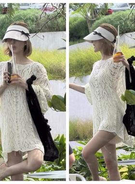 赵露思同款白色钩花镂空透视性感中长款宽松慵懒长袖针织衫女上衣