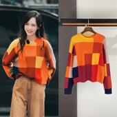 唐嫣同款 秋冬美拉德拼接彩色套头针织衫 撞色格子毛衣慵懒风上衣女