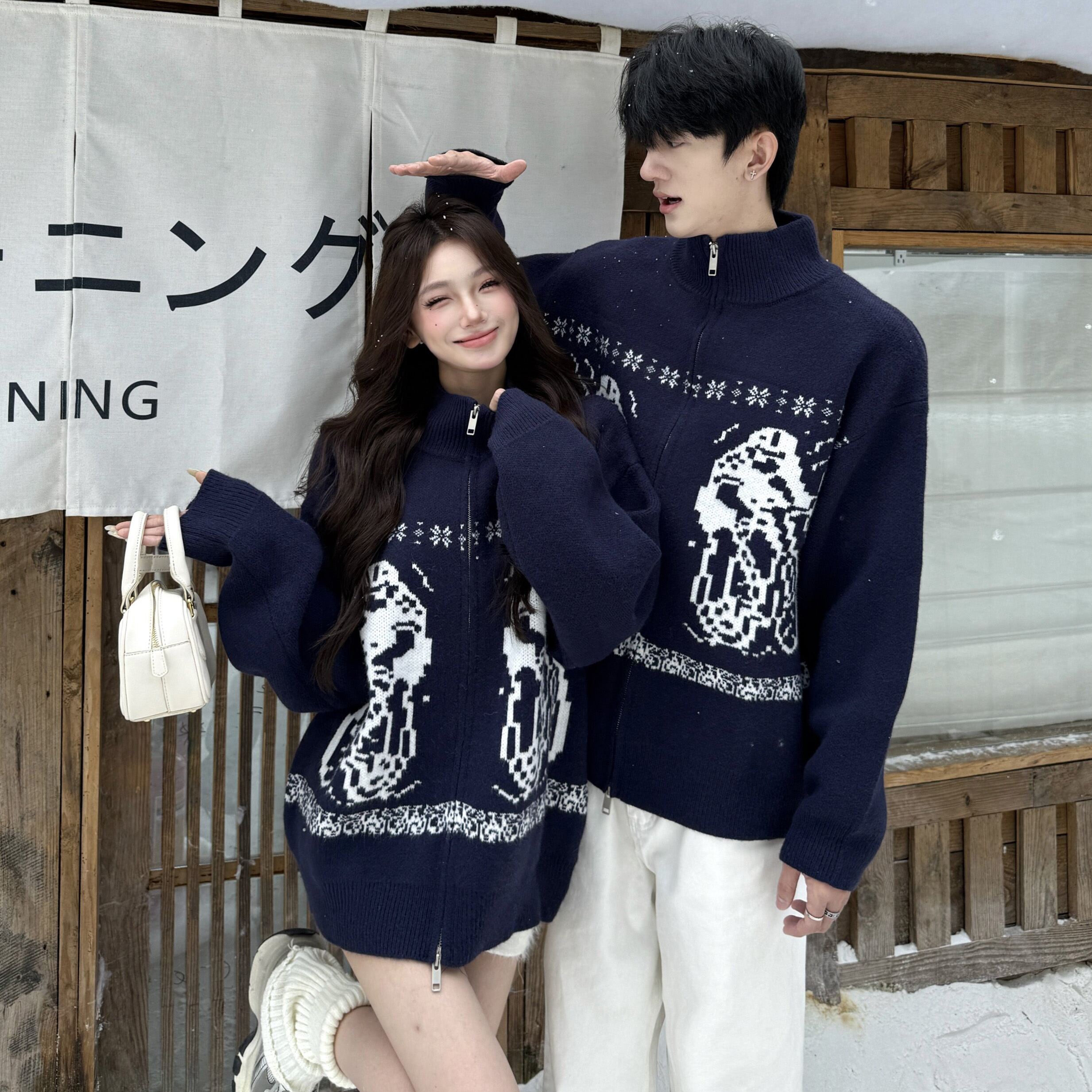 实拍情侣装立领男女开衫毛衣外套费尔岛针织衫