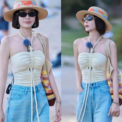 秦岚同款米色挂脖吊带背心女夏外穿海边度假修身短款抹胸辣妹上衣