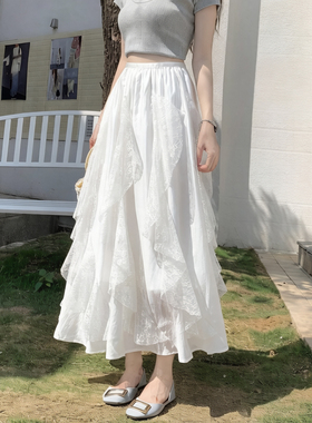不规则荷叶边蕾丝半身裙女夏新款高腰垂感梨型温柔气质a字大摆裙
