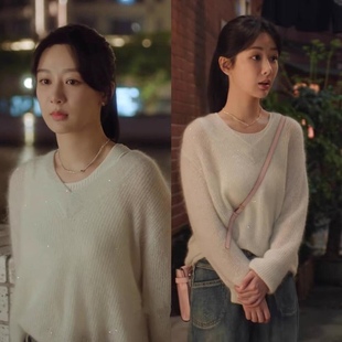 承欢记杨紫麦承欢同款穿搭白色V领毛衣女宽松甜美减龄针织衫上衣