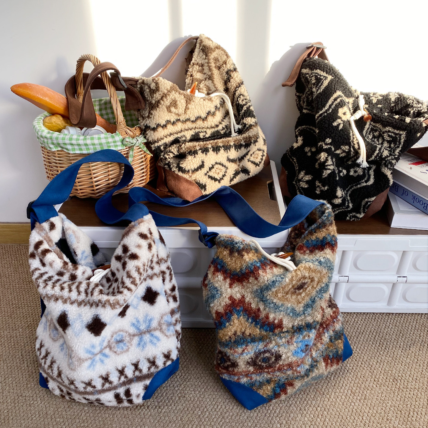 毛绒费尔岛斜挎包韩版复古拼接时尚慵懒风单肩包大容量通勤托特包,箱包皮具/热销女包/男包,时尚帆布包,淘宝优惠券,粉丝福利购,淘宝优惠卷