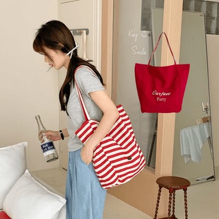 两面背条纹帆布包包2026新款 韩风ins托特休闲包单肩大容量购物袋