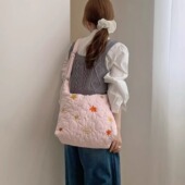 秋冬枫叶浪漫绗缝夹棉小狗刺绣单肩包逛街购物袋便当包手提袋背包