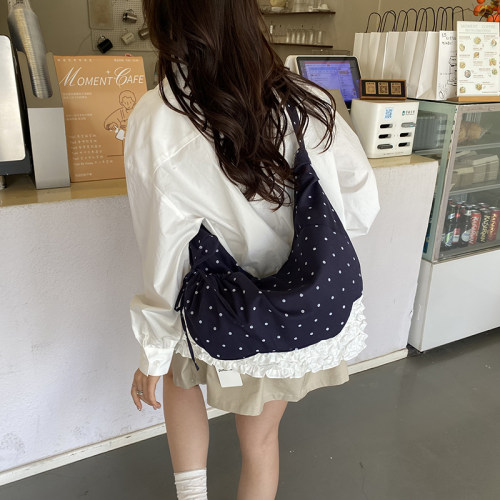 韩系ins波点帆布斜挎包学生上课包碎花格子大容量女大容量单肩包