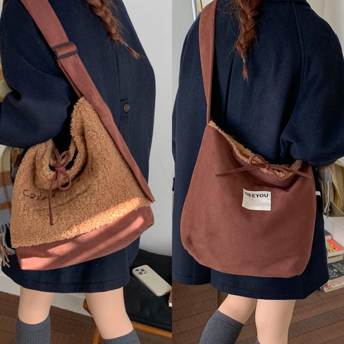 秋冬斜挎帆布包通勤女大容量单肩托特包撞色毛绒斜挎包重工刺绣包,箱包皮具/热销女包/男包,时尚帆布包,淘宝优惠券,粉丝福利购,淘宝优惠卷