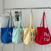 韩系多巴胺尼龙双面包慵懒风条纹彩色简约字母印花包学生通勤包袋