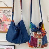 2026春夏新款 正反两用牛仔包民族风拼布包波西米亚单肩斜挎包双面