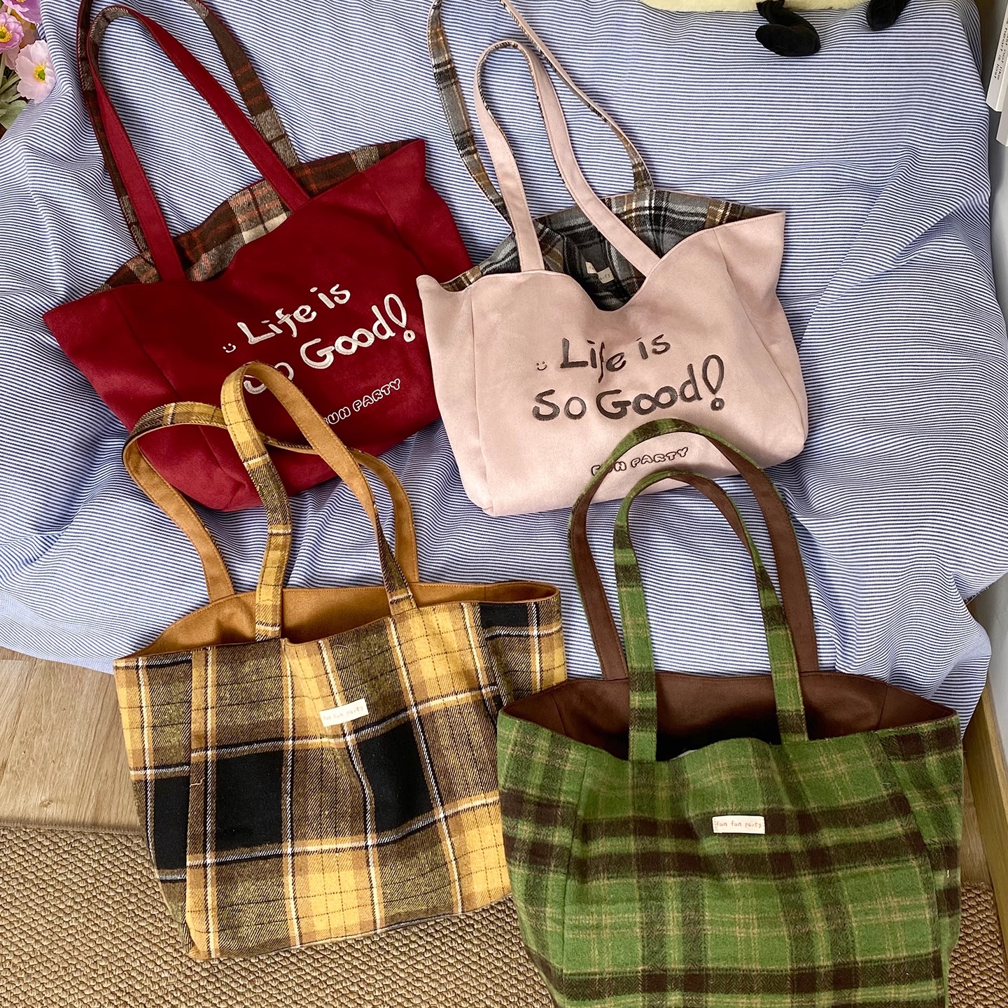 秋冬复古麂皮绒单肩包休闲毛呢格纹双面托特包韩系休闲通勤上课包