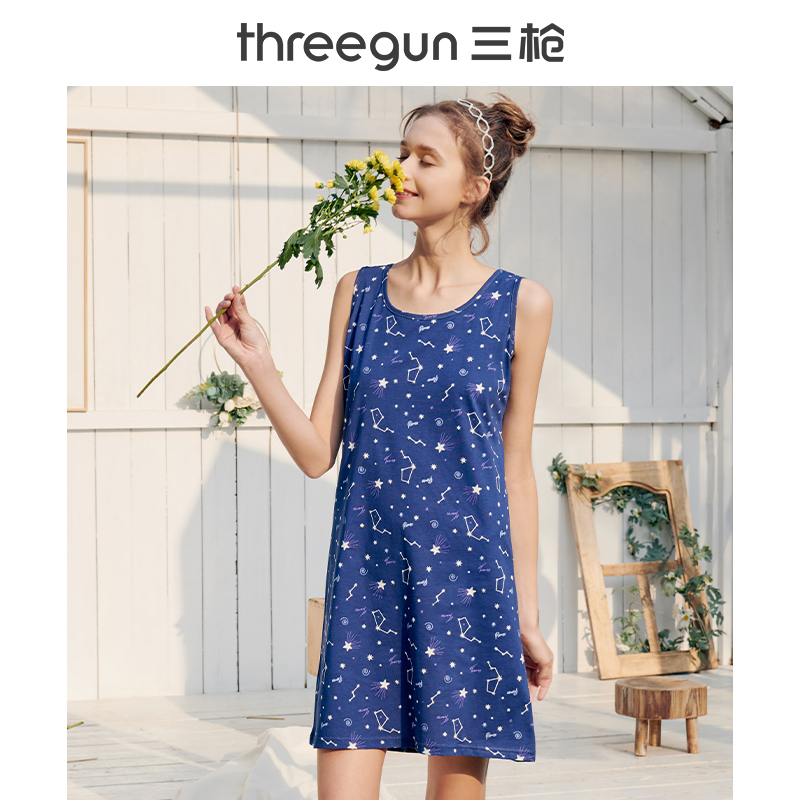 三枪纯棉睡裙女夏季夏天无袖印花可爱休闲宽松居家显瘦睡衣裙女士