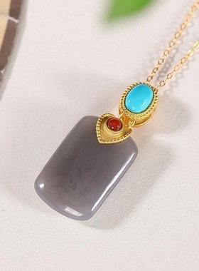 石头平安无事牌镶嵌银百搭气质吊