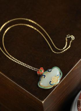 女款项链镶嵌烧蓝白玉玉吊坠颈饰品