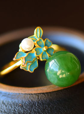 合金镀金活口戒指镶嵌白玉碧玉珍珠珐琅古典优雅指环女气质食指戒