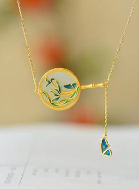 镀金锁骨项链镶嵌兰花白玉吊坠女民族风复古圆牌女款中式精致挂坠